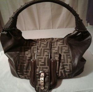 Vintage Fendi Zucca Canvas and Chocolate Leather H